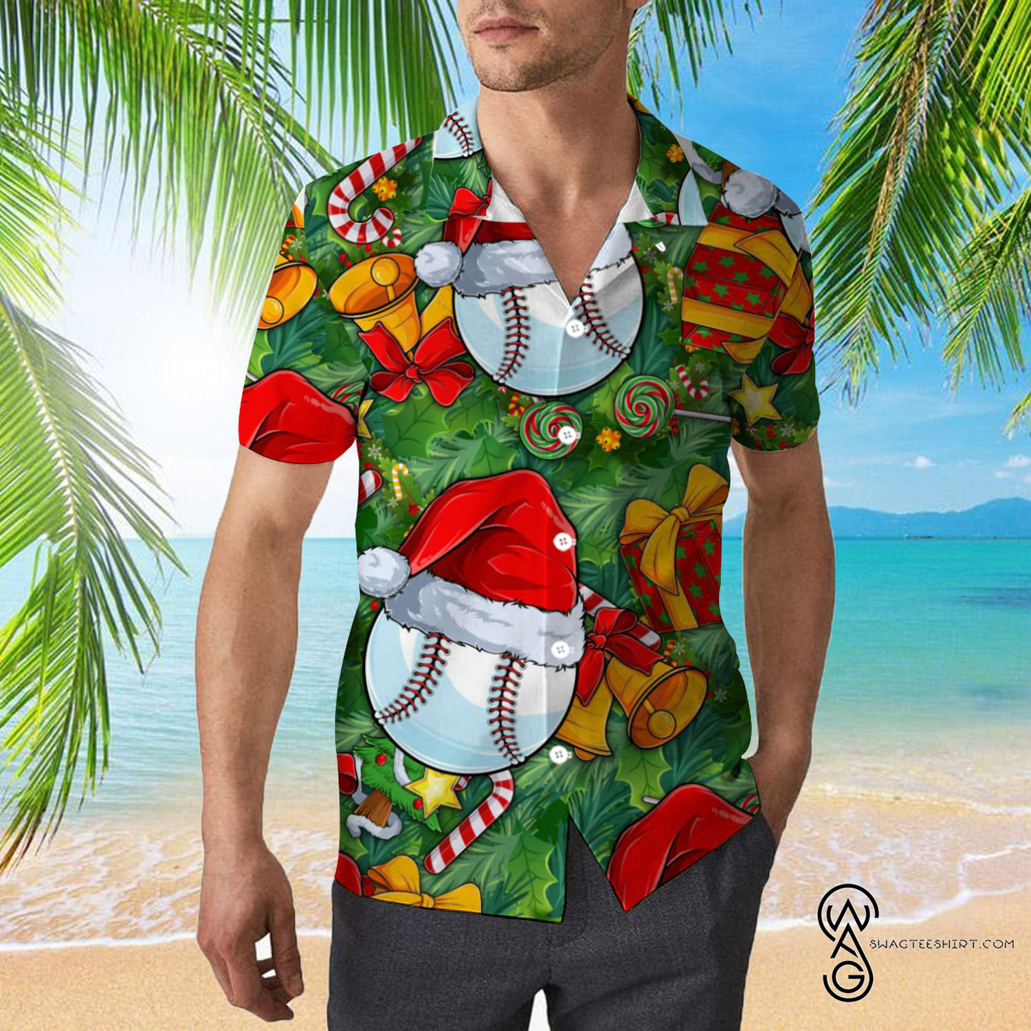 [Top Trending] Baseball With Santa Hat Christmas Pattern Hawaiian Aloha Shirt